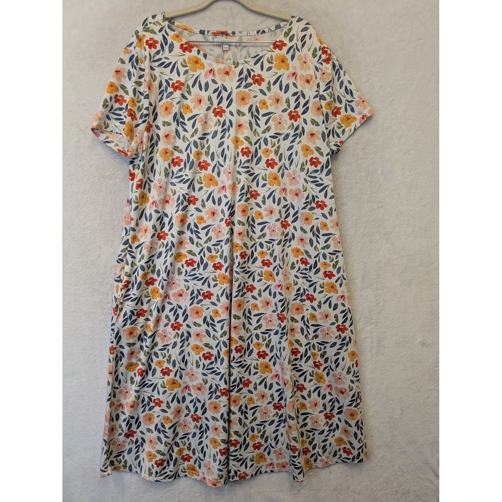 Sweet Salt‎ Modest Floral Midi Dress XXL Cream Orange Blue Short Sleeve Pockets